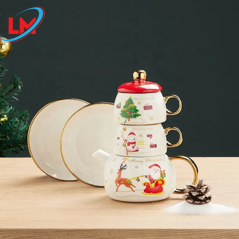 नई आगमन चीनी मिट्टी के बरतन क्रिसमस चायदानी और कप सेट Infuser के साथ उपहार के लिए 2023 लोकप्रिय चीनी मिट्टी चायदानी चायदानी