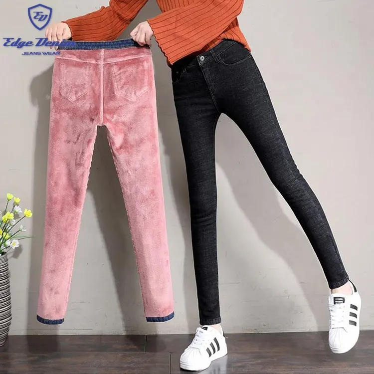 Pantalones vaqueros de terciopelo grueso para mujer, informales, con cremallera lateral, ajustados, elásticos, para invierno