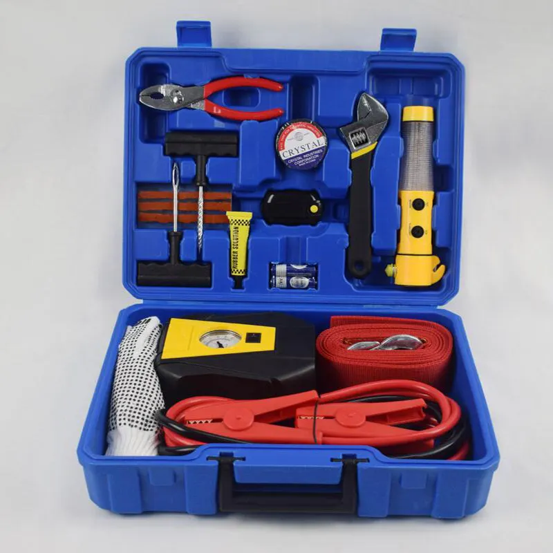 Kit d'outils d'urgence de voiture, outils d'urgence, boîte à outils, pompe à Air, câble de remorquage avec alerte clignotante