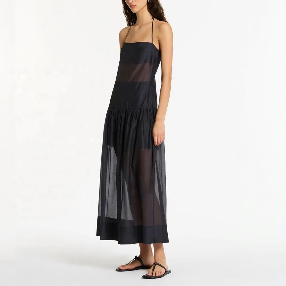 Verano 2023 elegante suelto de gran tamaño tela de satén de seda para ropa Halter Slip negro Maxi vestidos señoras vestido largo sin mangas