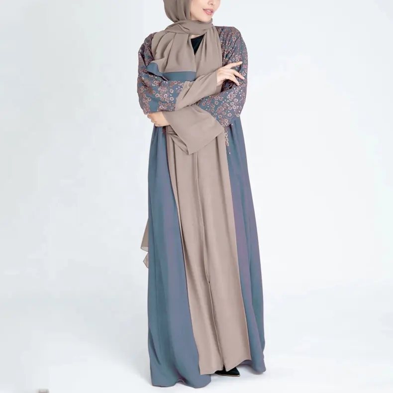 Nouveau modèle femmes broderie avant robe abaya ouverte à dubaï