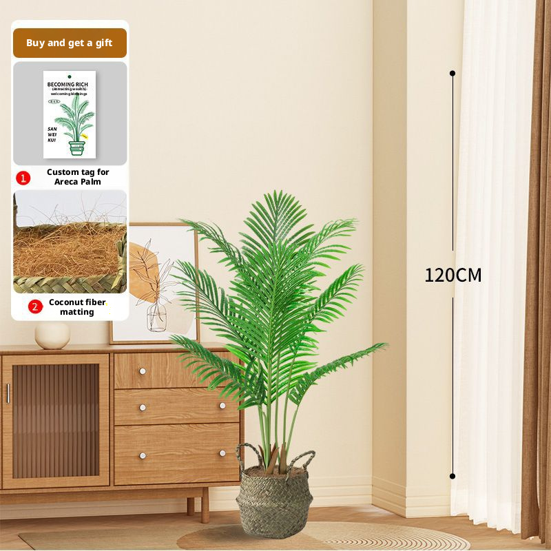 Palmier Areca vert 120CM, 8 tiges 8 feuilles + pot en herbe tissée