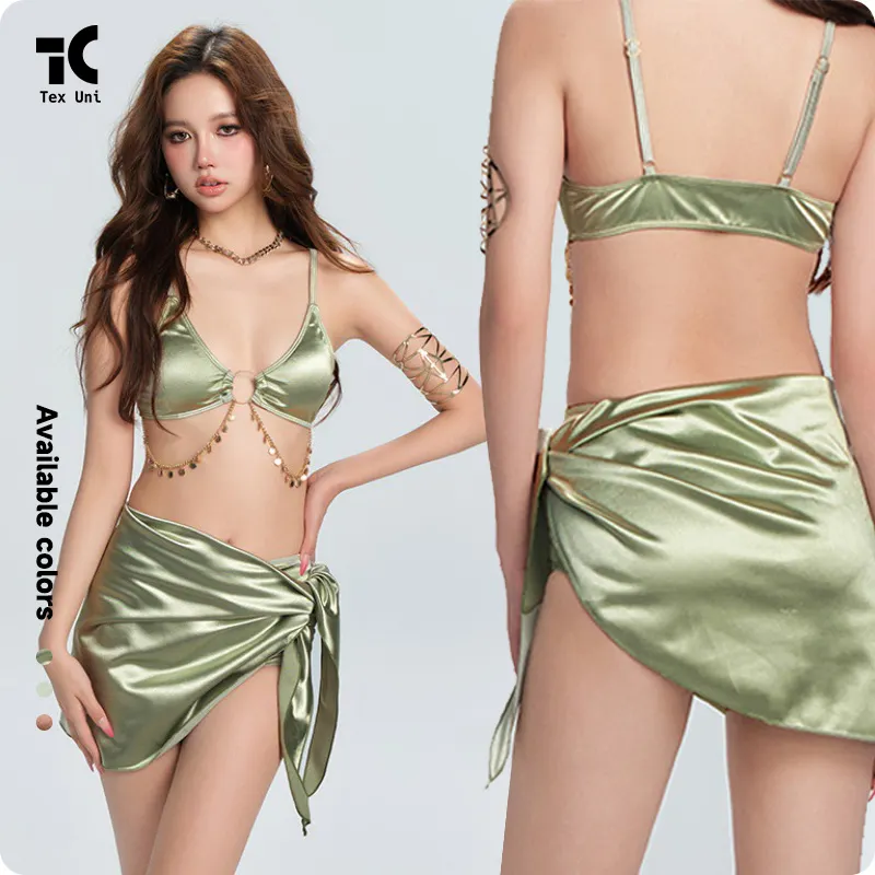 Baju renang seksi desain baru TexUni 2024 dengan perhiasan berkilau tekstur Satin pakaian renang Bikini anak perempuan Set penutup gaun pantai pedas