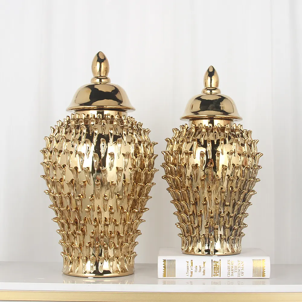J234 Ensembles de pots de luxe en forme de durian au design amusant Vase en céramique dorée au gingembre Décoration intérieure Vente en gros