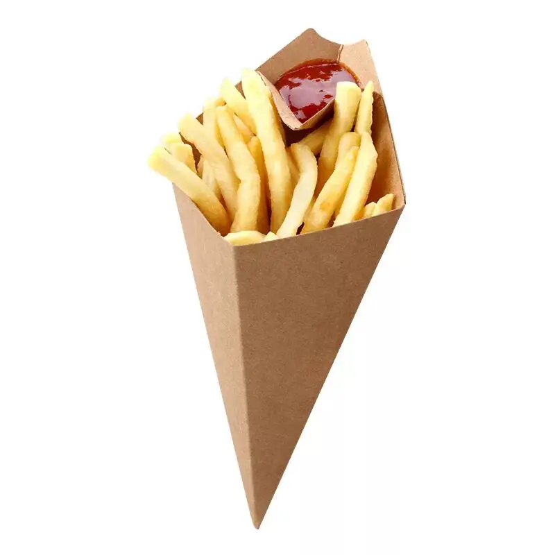 Saco à prova de óleo Triângulo Chips Cones De Alimentos Com Bolso De Mergulho Churro caixa Kraft Paper French Fries Cones com compartimento de molho