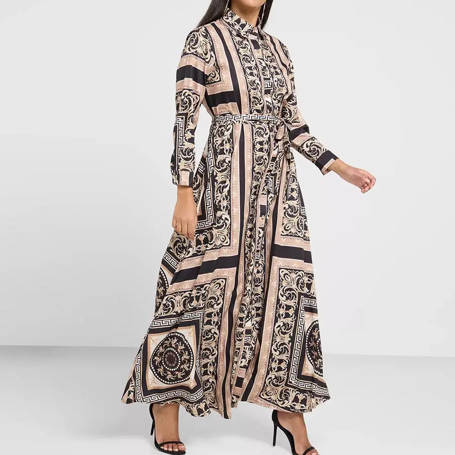 Étnico modesto moda Dubai Abaya vestidos estampados con cinturón musulmán clásico vestido estampado floral