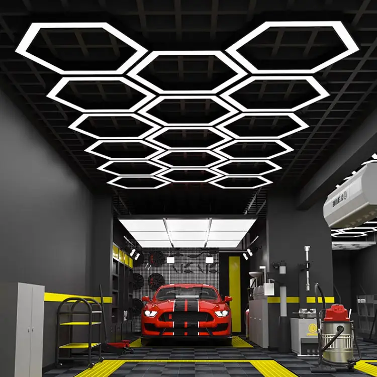 Hexagon LED-Leuchten Werkstatt für Autohaus und Garage Detail lierung Waben leuchten Decke LED sechseckige Garage Arbeits leuchte