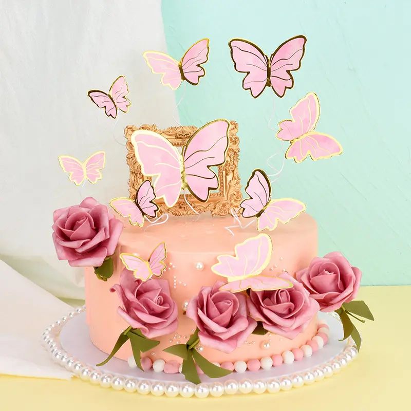 Or Rose Tourbillon Gâteau d'anniversaire Décoration Glitter Papillon Topper Arc Fleur