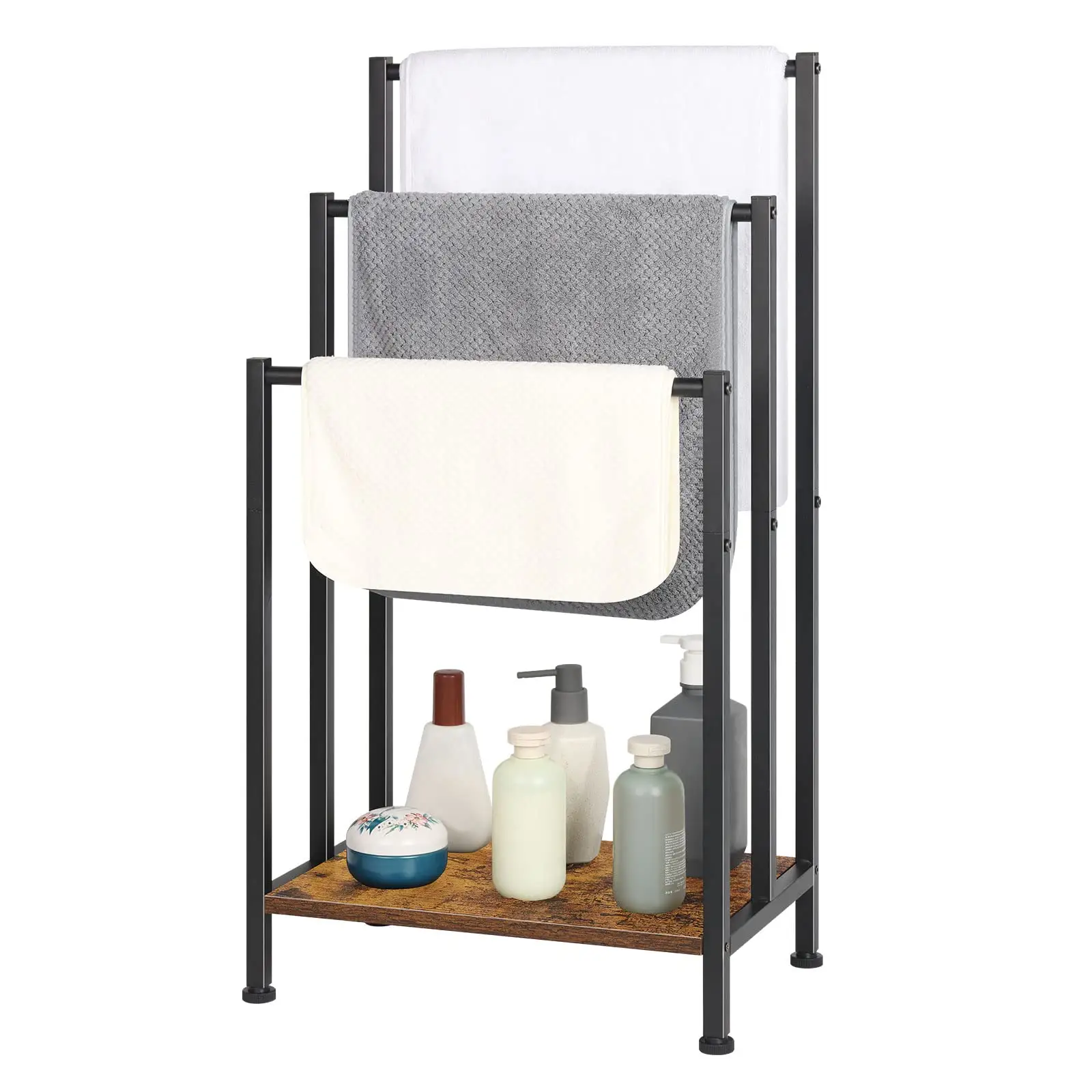 Toallero independiente negro, toallero de pie para baño, soporte de Manta para sala de estar, soporte de toalla de 3 niveles para Bedro