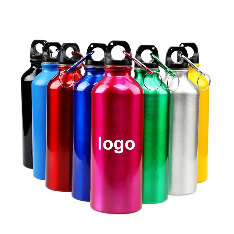 Logo personalizzato promozionale di fabbrica bottiglia d'acqua sportiva in alluminio da 500ml 750ml con coperchio a vite e bottiglia d'acqua in alluminio con moschettone