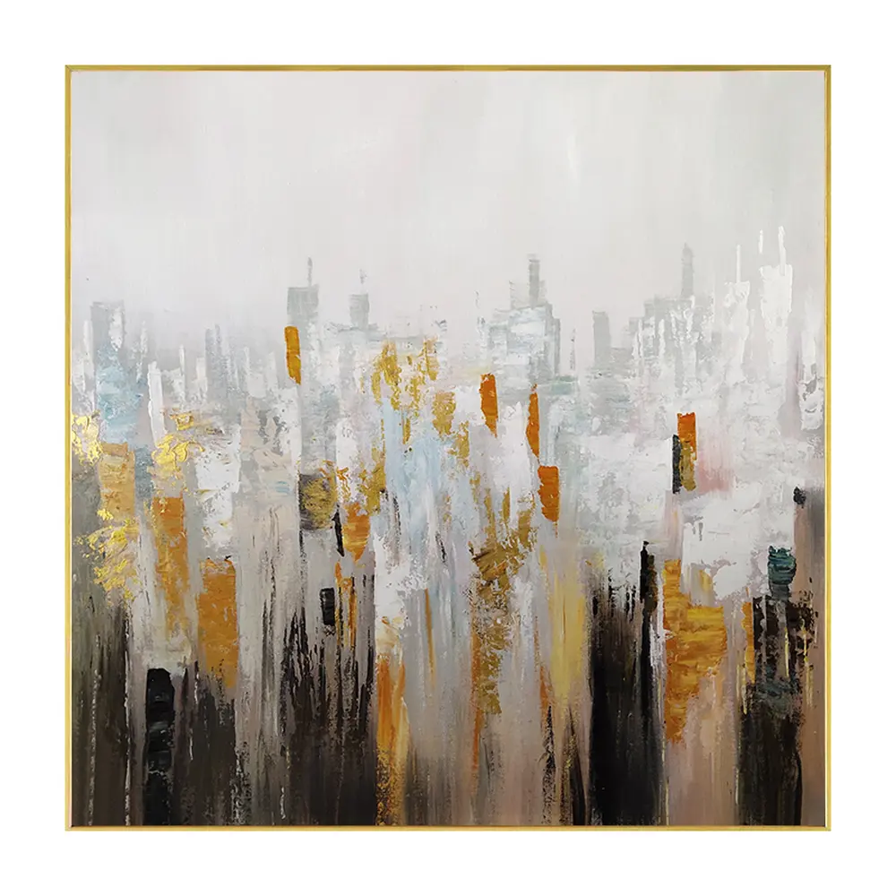 Decoración colgante de pared, pintura al óleo de mano de oro con marco grande moderno, arte abstracto