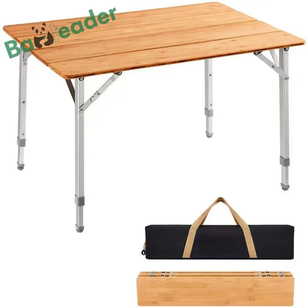 Tragbarer einstellbarer Campingtisch mit Aluminiumlegierungsbeinen faltbarer vierfaltiger Holz-Bambus-Campingtisch für Picknick im Freien