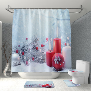 节日红色圣诞浴帘雪花防水聚酯浴室装饰