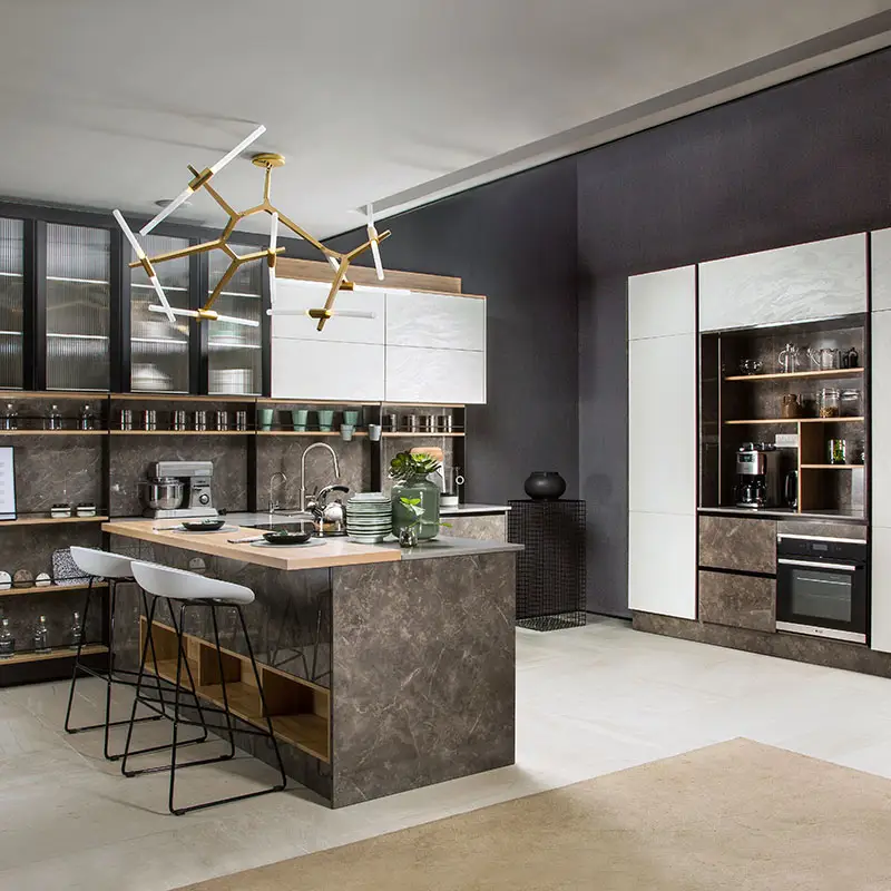 OPPEIN-armarios de cocina con acabado de mármol y cemento, alto brillo