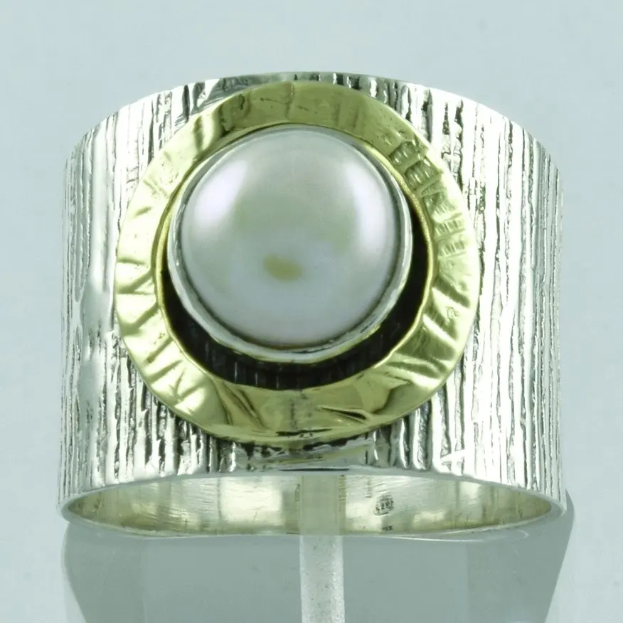 Designer Two Tone Pearl Stone Handmade 925 Sterling Silver Ring Supplier India