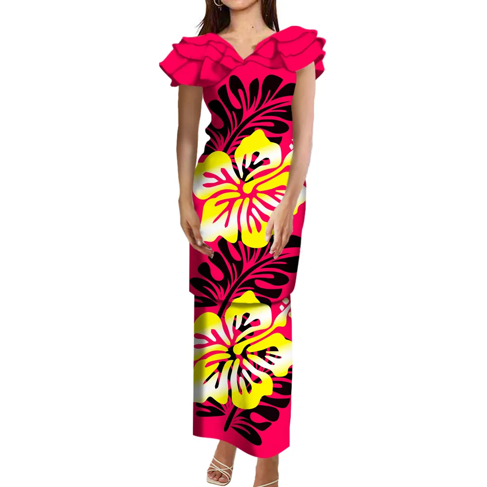 Großhandel individuelle polynesische indigener rüschen V-Ausschnitt Blätter Ärmel Samoanische Puletasi-Set lange Maxi-Stöcke 2-teiliges Outfits-Set Kleid