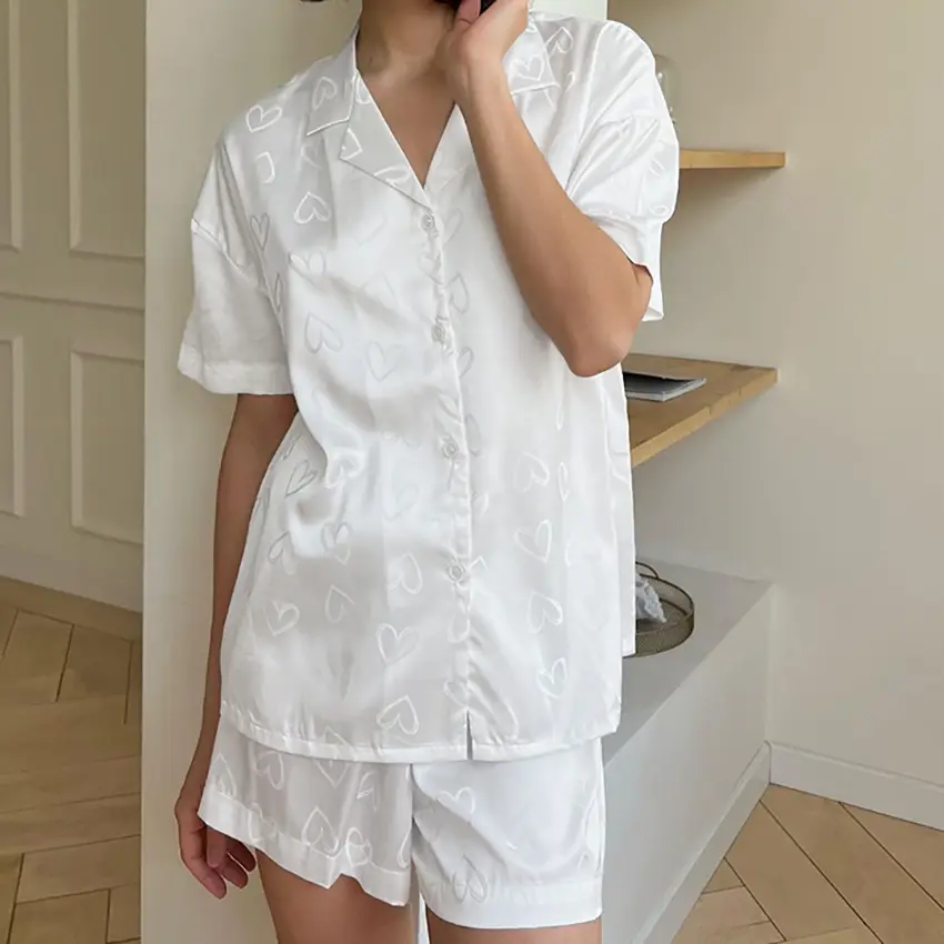 Oem Groothandel Casual Tweedelige Outfit Wit Satijn Zijde Roze Korte Mouw Jacquard Loungewear Dames Pjs Pyjama Set