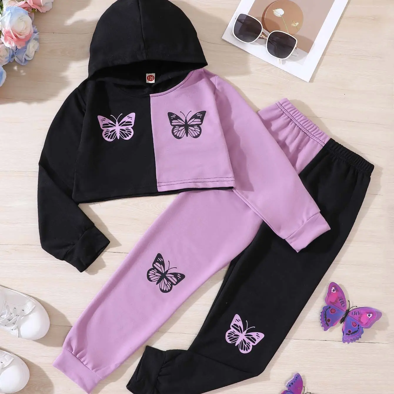 New Popular 120-160cm Two Tone Butterfly Girls Clothing Set Lovely Hoodie Qualidade Jogging kids Tracksuits 2024
