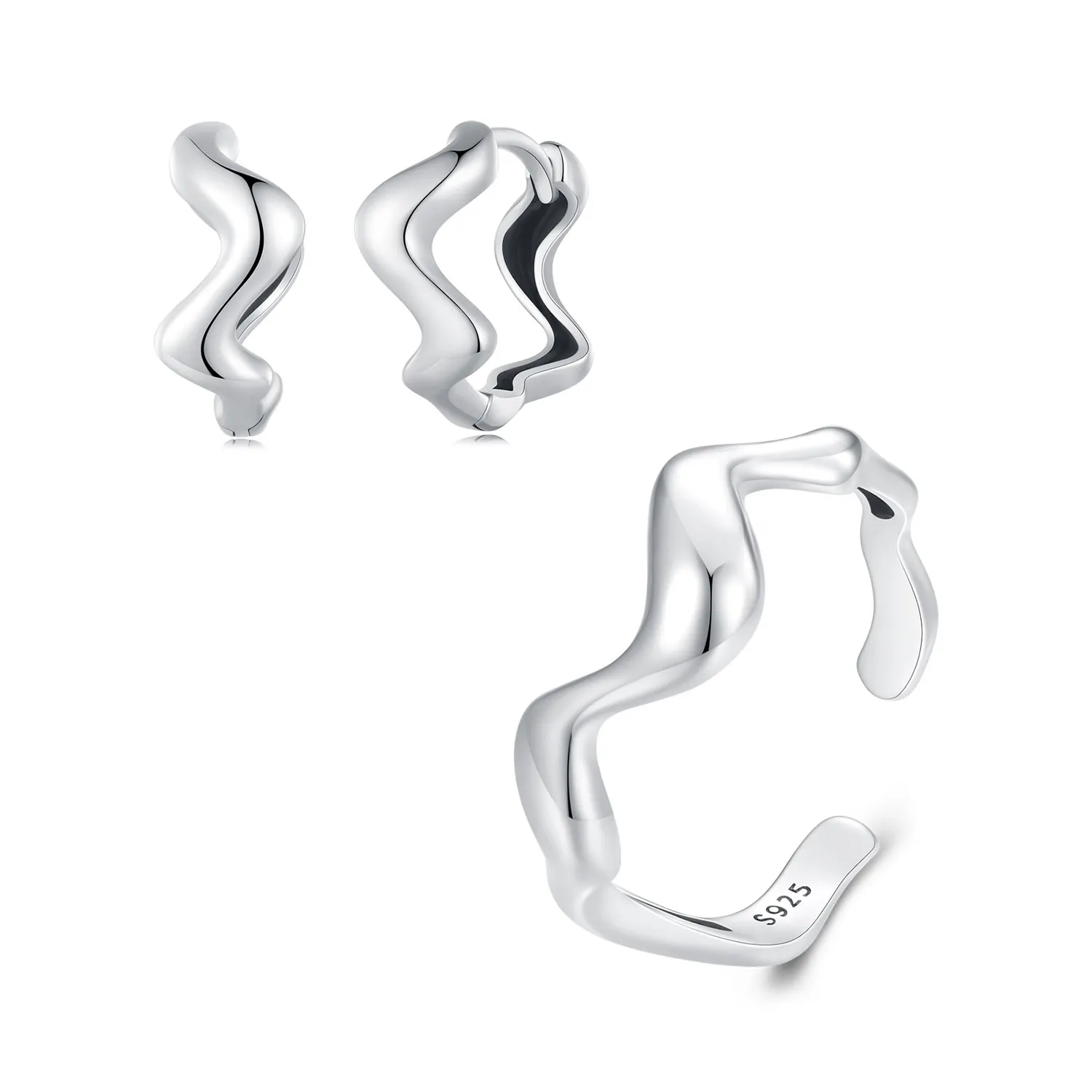 Simples s925 prata esterlina ondulado orelha fivela moda feminina viajante cenário simples prata brinco anel jóias conjunto