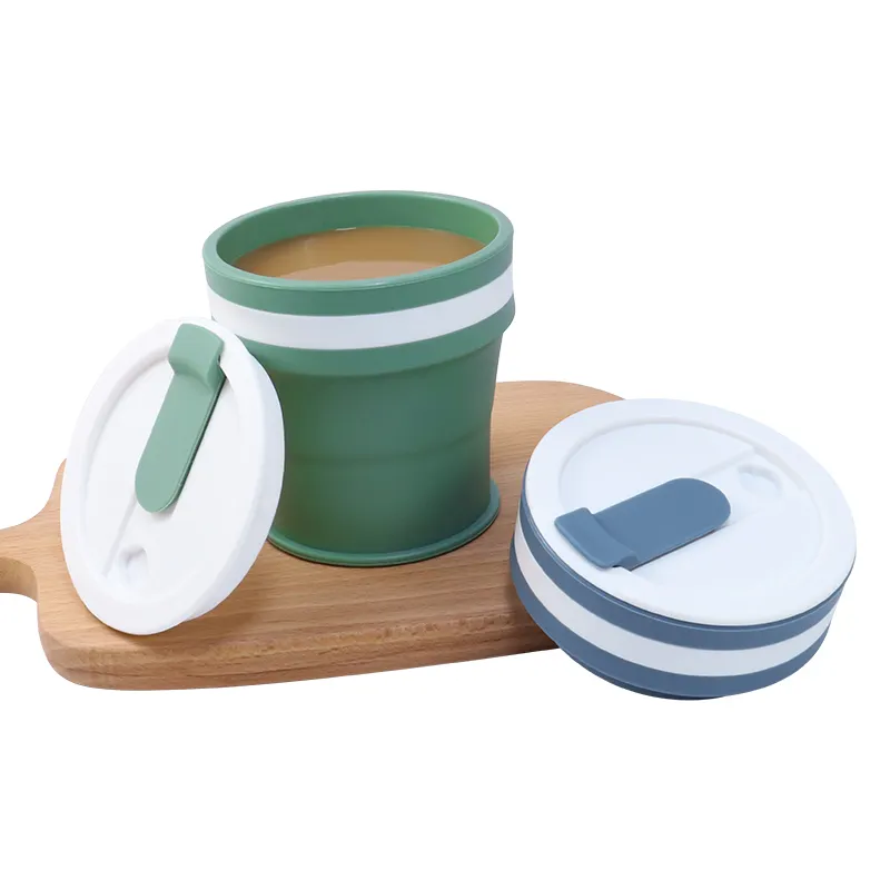 Stampa logo personalizzata bpa gratis riutilizzabile a tenuta stagna mini morbido pieghevole in gomma siliconica da bere da viaggio tazze da caffè tazza