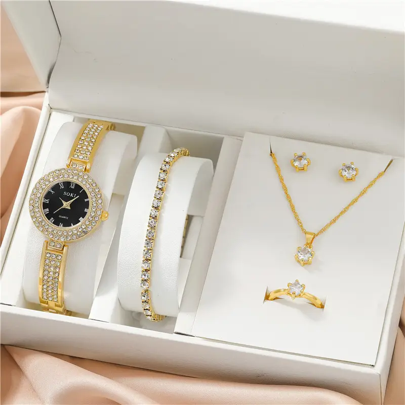 Set jam tangan berlian wanita isi 6 potong, jam tangan mewah berlian imitasi modis elegan, jam tangan Quartz untuk gadis dan wanita