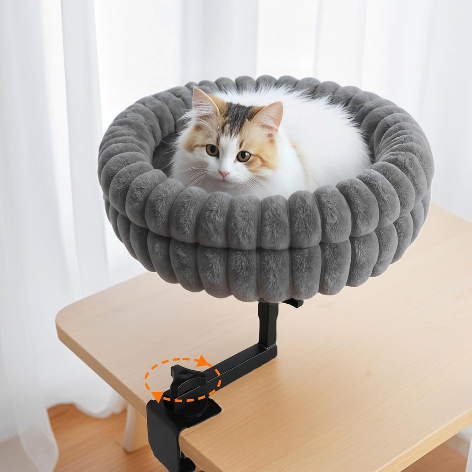 Peluche de bureau 360° en fausse fourrure anti-lapin à rayures grises.
