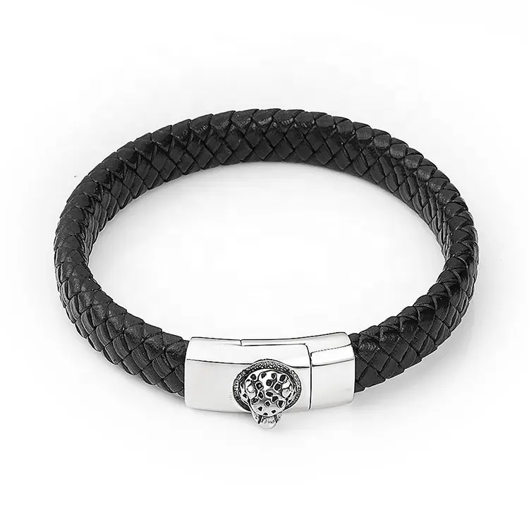 Bracciale da uomo personalizzato Marlary bracciale in pelle da uomo nero semplice con testa di leone in pelle sintetica intrecciata di vendita calda europea