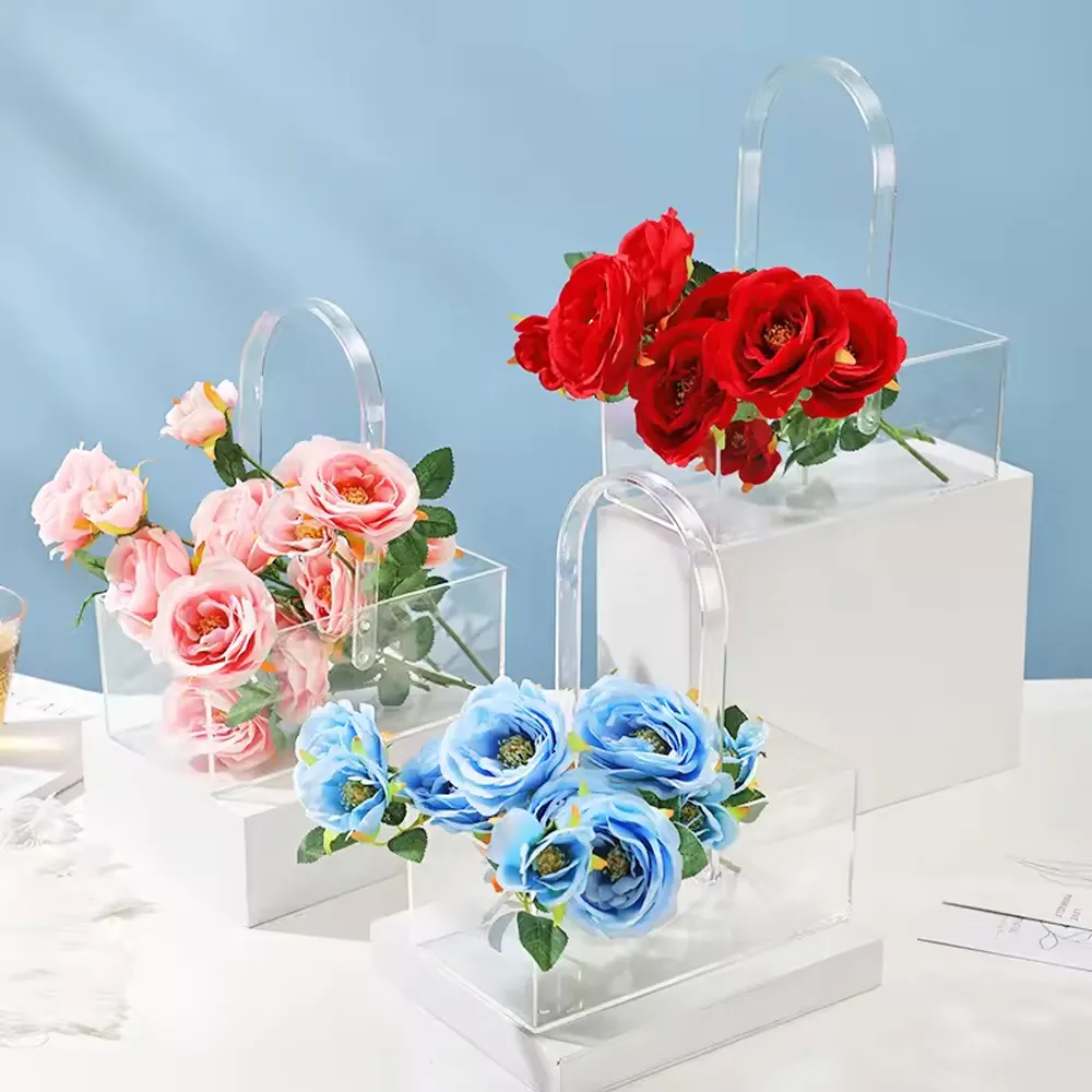 Fabricante OEM transparente decoração de mesa de casamento caixa de cesta de flores em acrílico transparente com alças vasos em acrílico