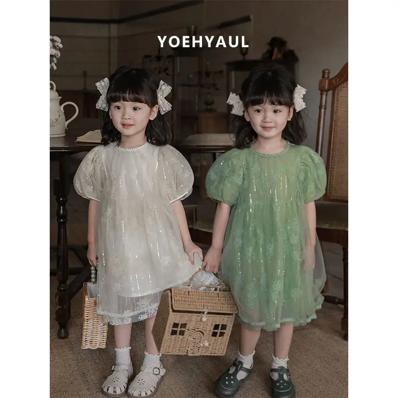 YOEHYAUL personnalisé pur coton manches bouffantes enfants dentelle robe modèles enfants Tulle princesse en mousseline de soie bébé robe avec paillettes