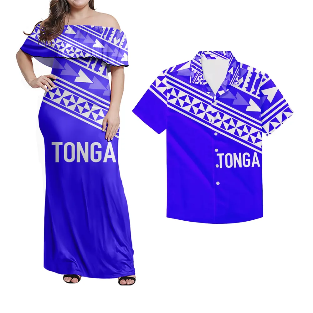 Polinezya mavi ve beyaz Tongan Tribal baskı 2 parça setleri 5XL kadın fırfır bir omuz Maxi elbiseler eşleşen erkek gömlek