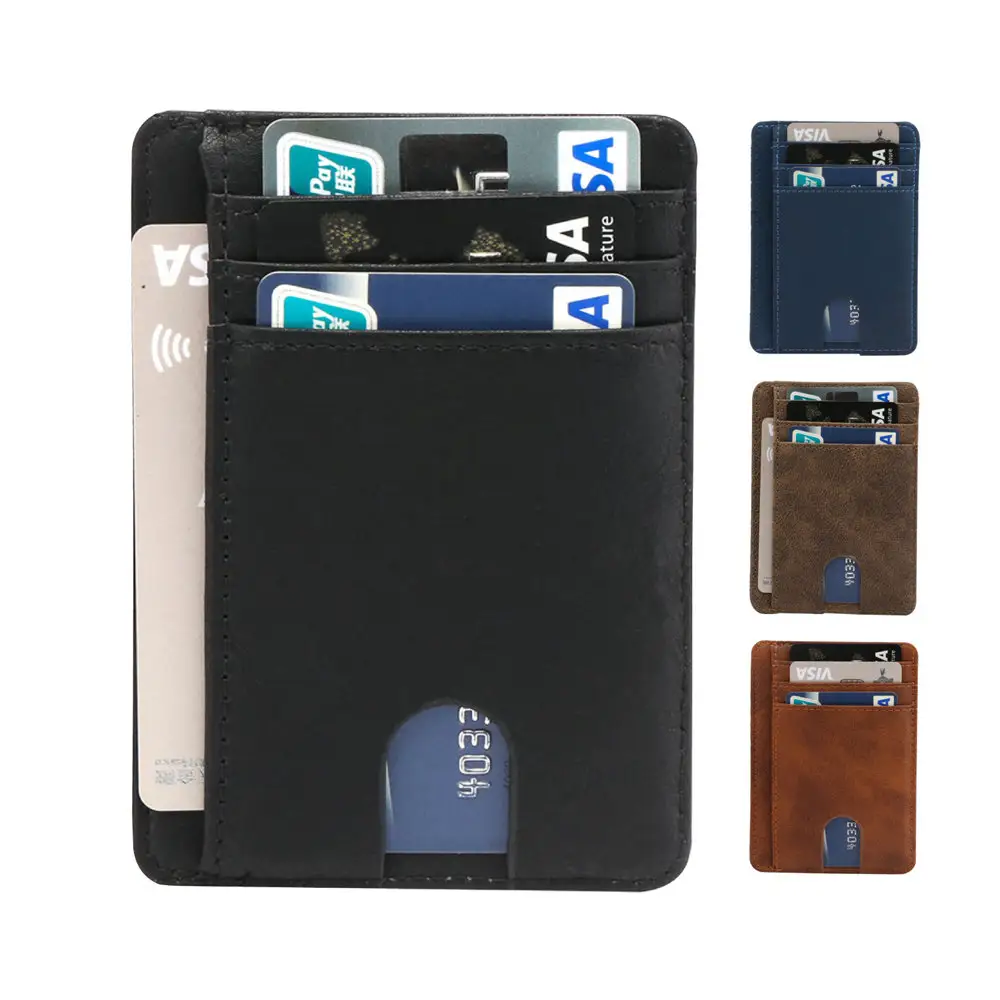 Özel yumuşak deri malzeme ön cep RFID engelleme erkek kredi kartı için minimalist ince cüzdan