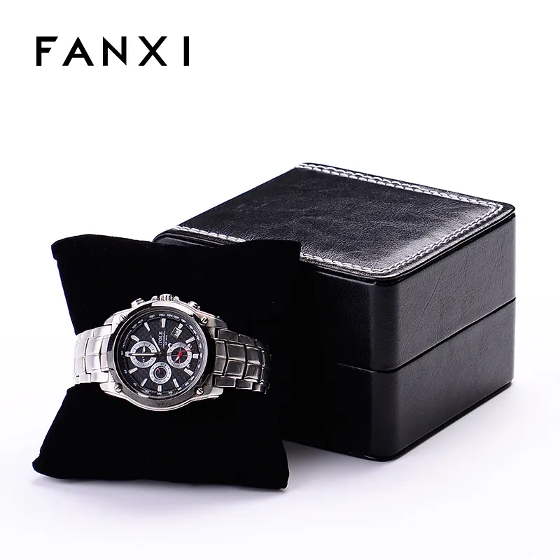 FANXI Custom Logo scatola per orologi in pelle nera con cuscino in velluto per bracciale rigido gioielli da uomo scatola di imballaggio per orologi