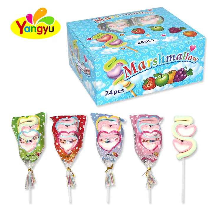 Dulce forma de corazón Halal algodón Marshmallow Stick Lollipop