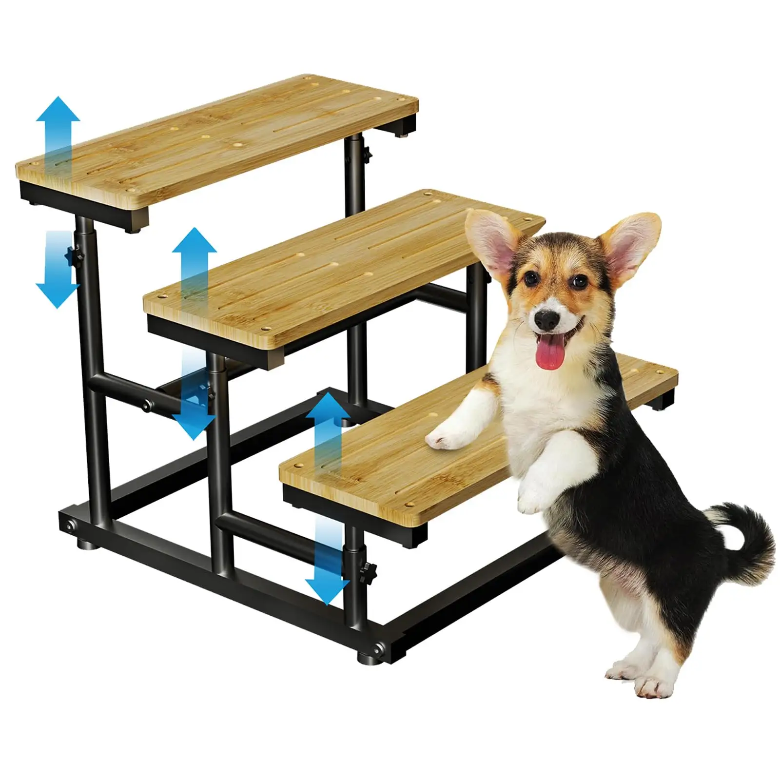 ZMaker New Adjustable Height 3-Tier Bamboo Pet Dog Stairs for Small Medium Dog Non-Slip Bamboo Dog Steps for Sofa