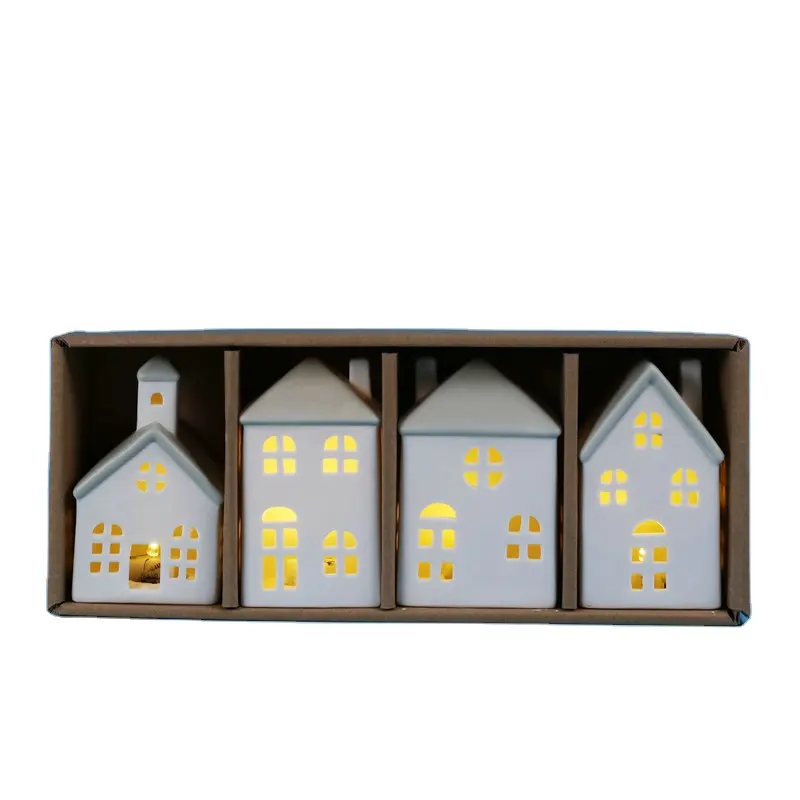 White porcelain lighted ceramic Christmas house set for home, White House Tealight candle holder