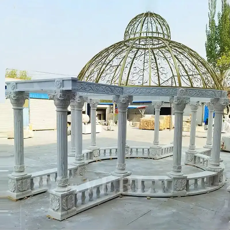 Pietra giardino galleria intaglio a mano in marmo bianco gazebo giardino pietra pergola padiglione con cupola in ferro metallo