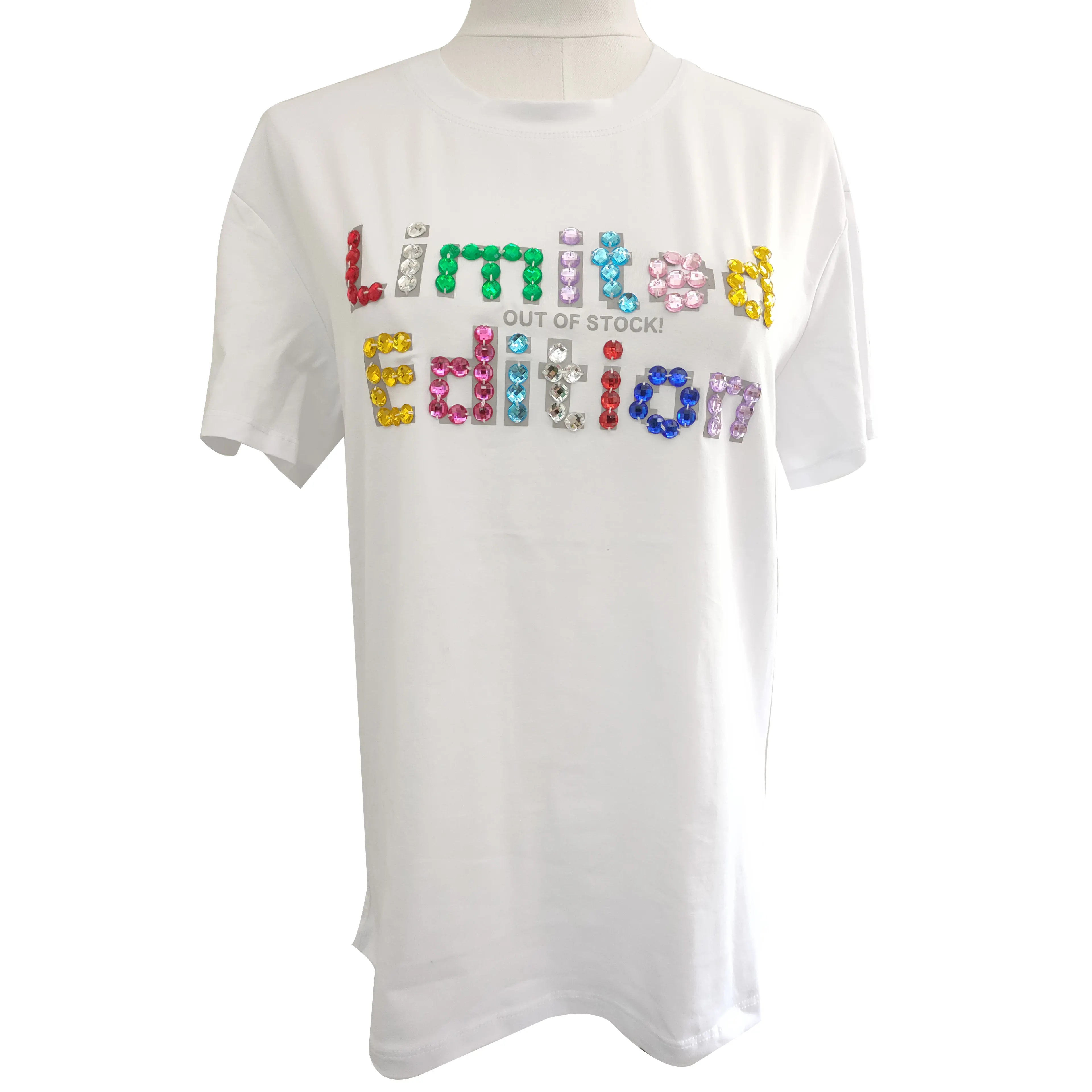 Camiseta de punto informal con cuello redondo, transpirable, anticontracción, antibolitas, decorada con cuentas de lentejuelas de diamantes