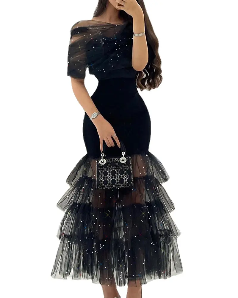 S-3XL Sexy Summer Women Glitter Layered Sheer Mesh Skinny Glamorous Party Evening Dress Wedding Guests Prom Celebrity Dress