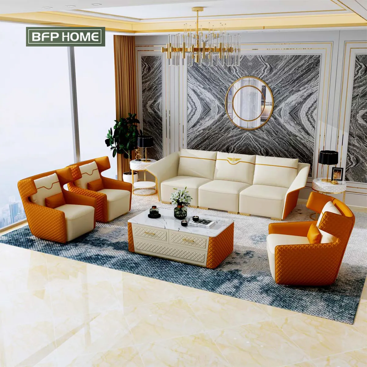 BFP Modern lüks stil turuncu koltuk takımı tasarımları hakiki deri kanepeler mobilya sadelik oturma odası kanepe