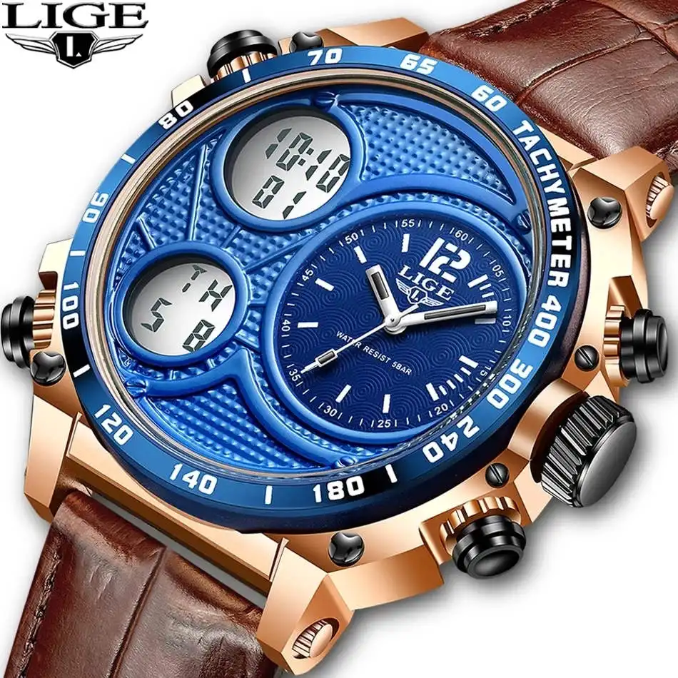 Lige – montre de sport en cuir pour homme, marque de luxe, horloge numérique à Quartz et LED, étanche, 8930