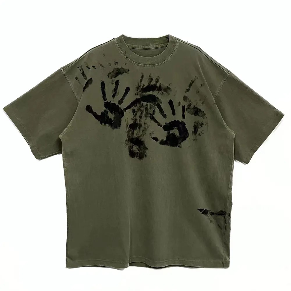 300gsm oversize camiseta personalizada algodón color sólido lavado militar cuello redondo Camiseta diseño caída hombro tinta impresión camisetas hombres