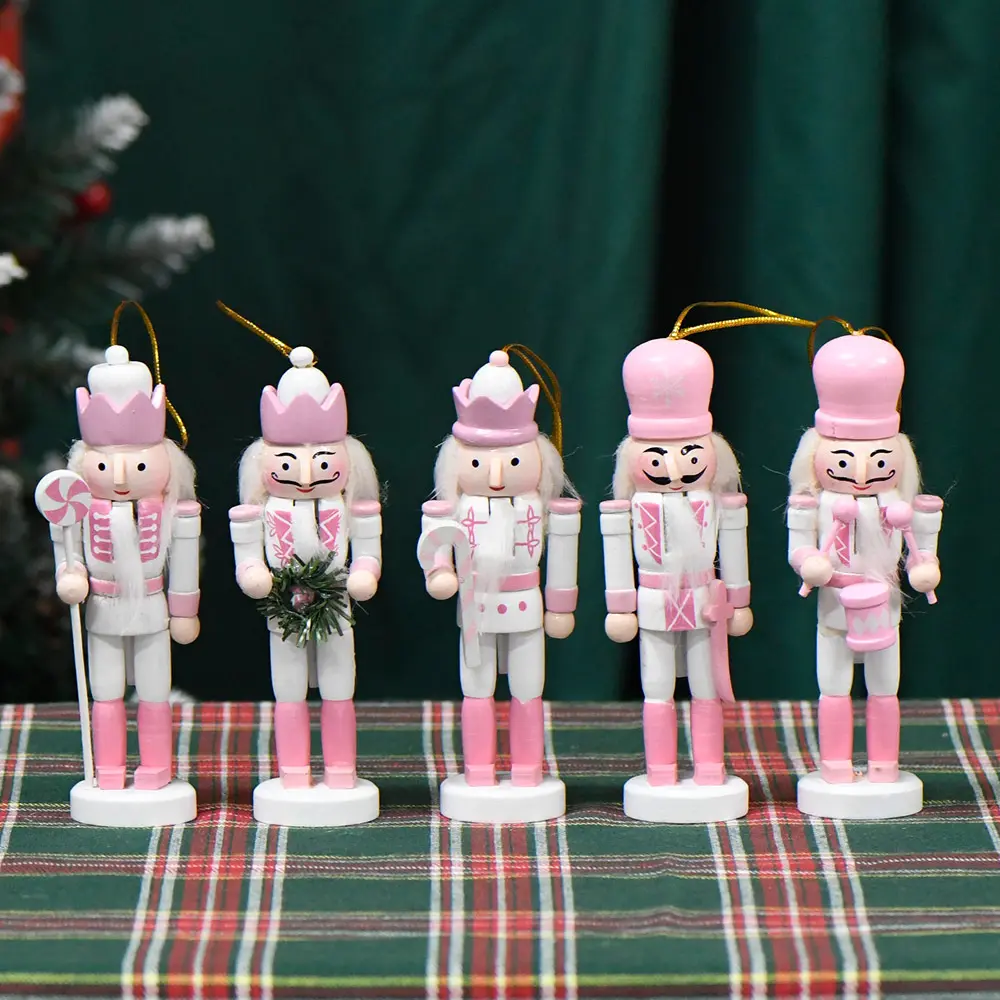 Conjunto de marionetas de soldado de 13cm al por mayor decoración bonita rosa y Blanca colgantes de vacaciones soldados Cascanueces de madera regalo de Navidad