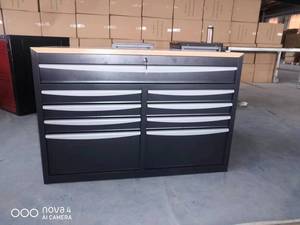 ツールと木製トップを備えた10個の引き出しツールトロリー、ホイールとプッシュプルハンドルを備えたガレージツール収納ワークベンチ