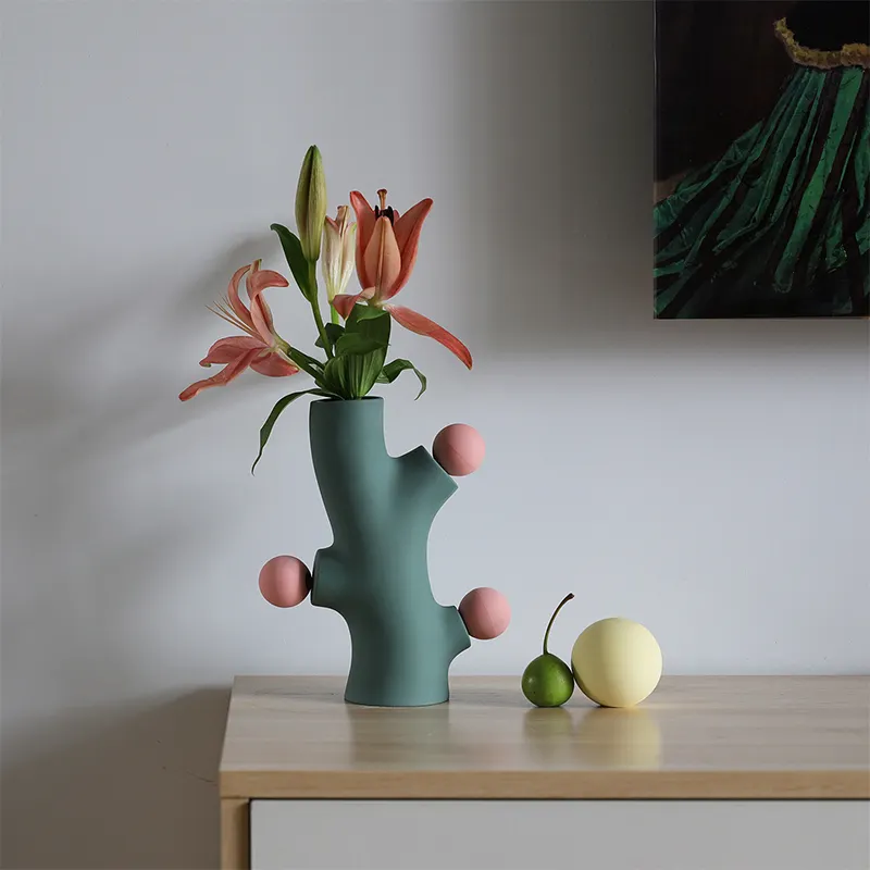 Vase de décoration en céramique pour chambre d'enfant, design moderne à la mode, mignon, arbre à pommes, vert et rose, décor nordique en céramique pour la maison, nouveau design