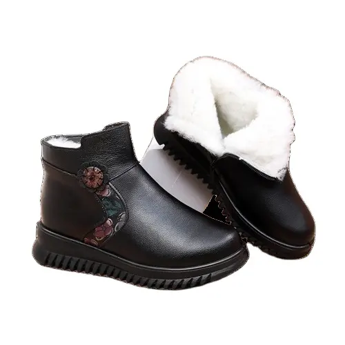 Botines de moda 2024, botines para mamá, botas de nieve para mujer, tacones planos de invierno, zapatos de plataforma cálidos para mujer, botines de piel gruesa de cuero