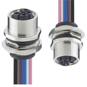 M12 Power Panel Mount Connectors:4/5 Poles Female, L-coded IP67, for Front Mounting, Thread with Nut and Stranded Wires 0.2m - Product Image 1