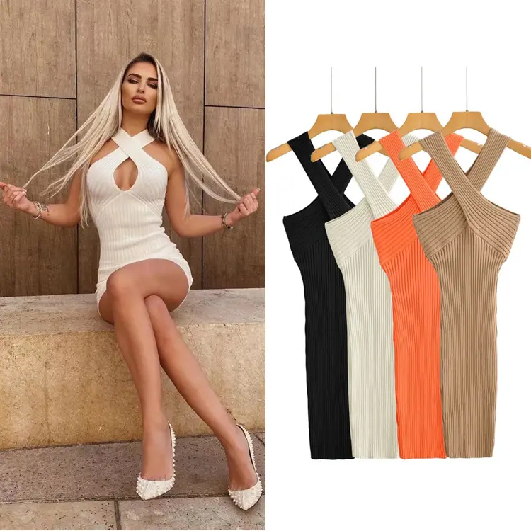 New Street Look Frauen Eleganter Kreuz halfter Hals Gestrickt Hollow Bodycon Backless Skinny Slim Kleid