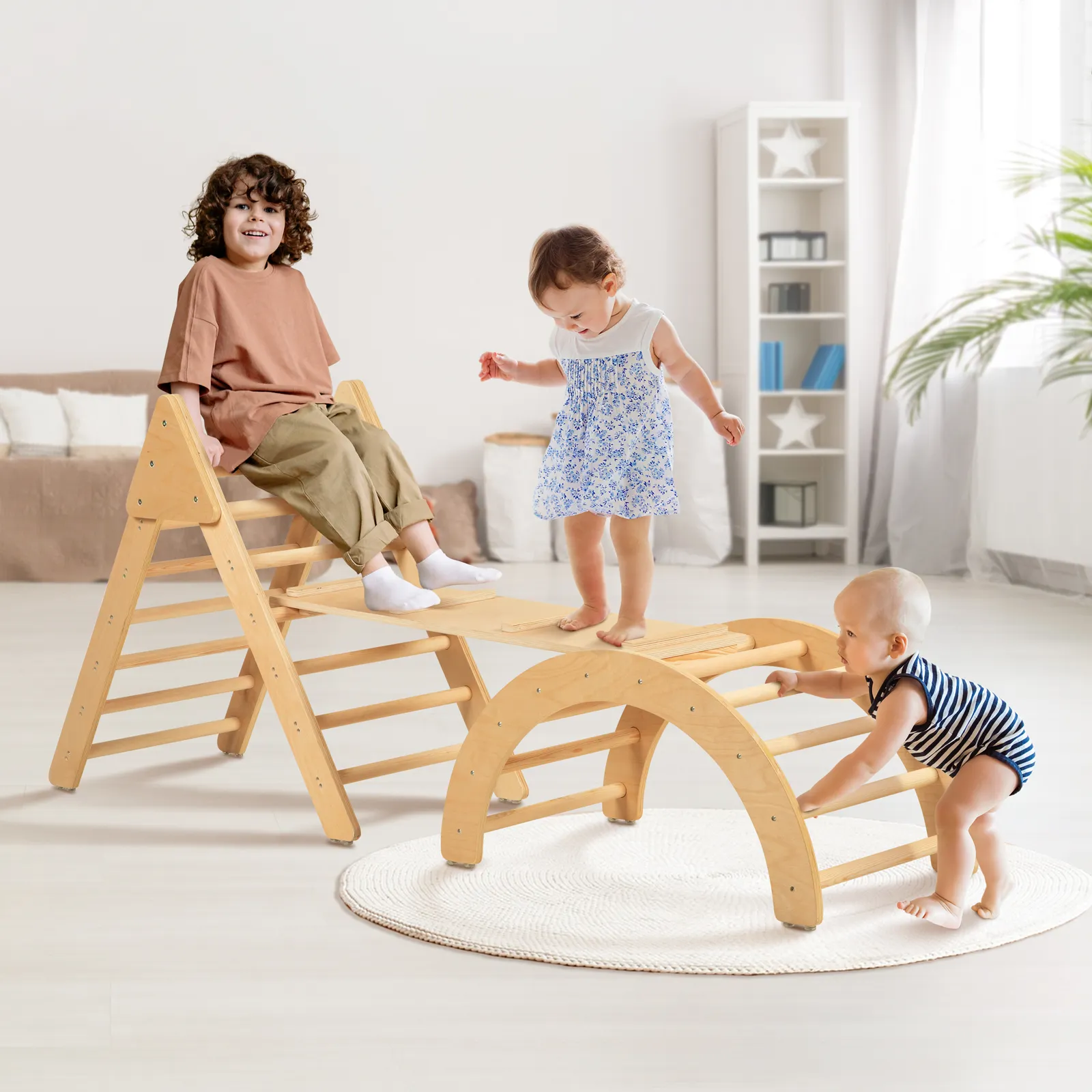 Kletterdreieck-Set mit Rampe für den Innenbereich 3 in 1 Holz-Dreieck-Klettergerüst mit Leiter für Kinder