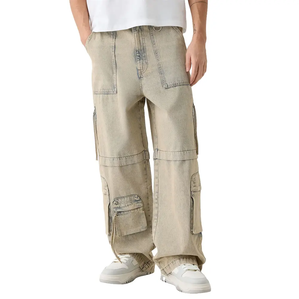 Gingtto Khaki Washed Denim Multi-Bolsillos Con Cremallera Super Baggy Cargo Jeans Hombres