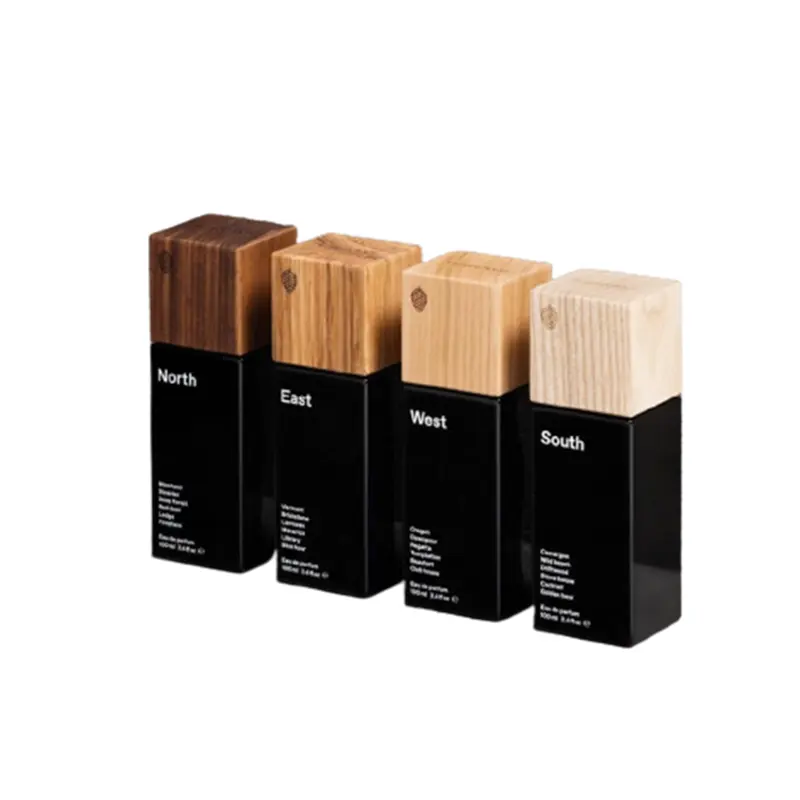 Vente en gros de bouteilles de parfum rechargeables personnalisées, 30ml, 50ml, 100ml, bouchon en bois, vaporisateur en verre